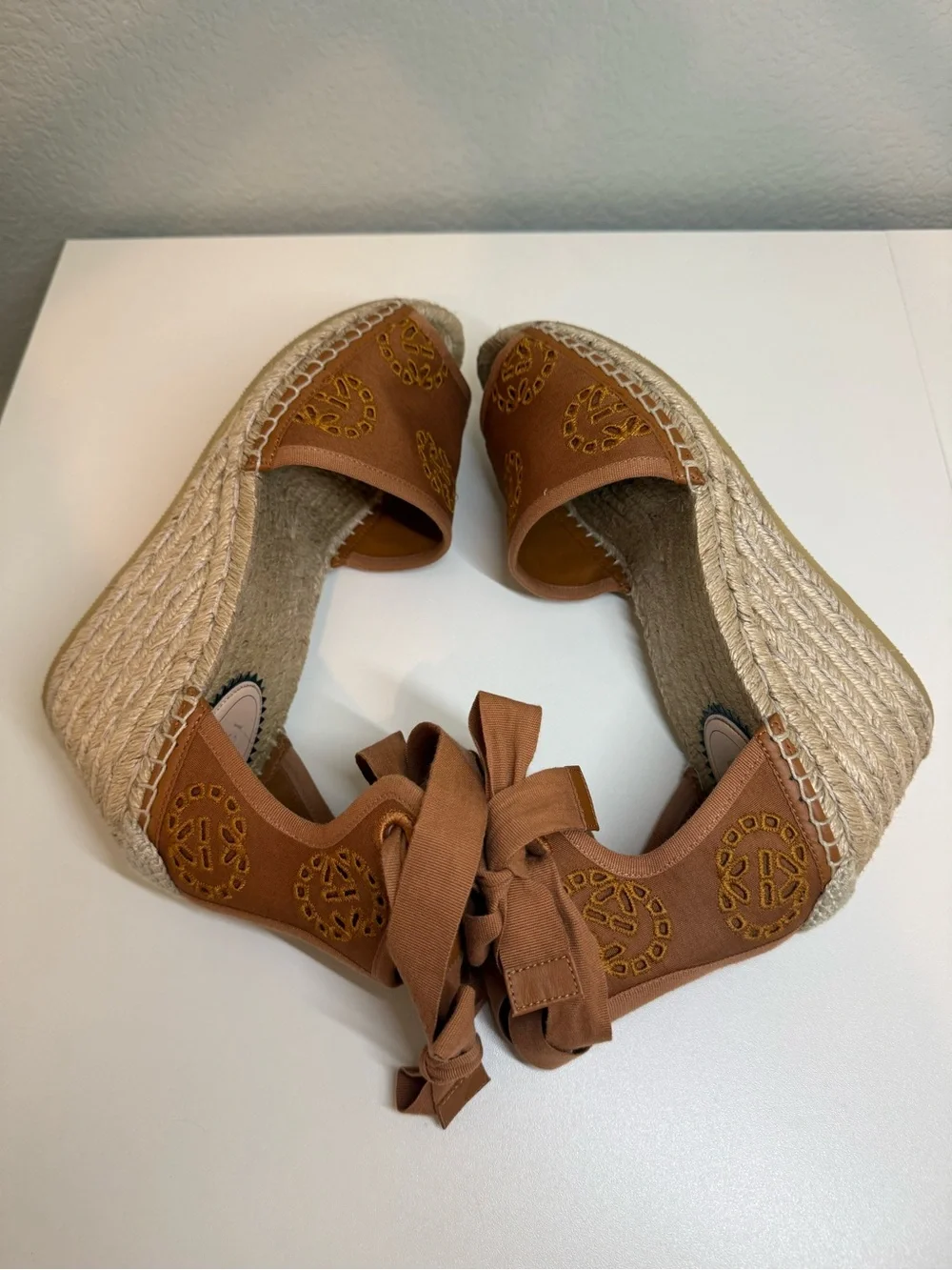 Gucci Brown Embroidered Espadrille Wedge Sandals with Ankle Wraps